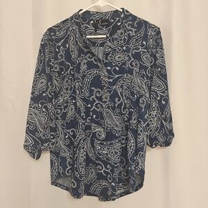 New Direction women L top blue white embroidered Paisley 3/4 sleeves flowy